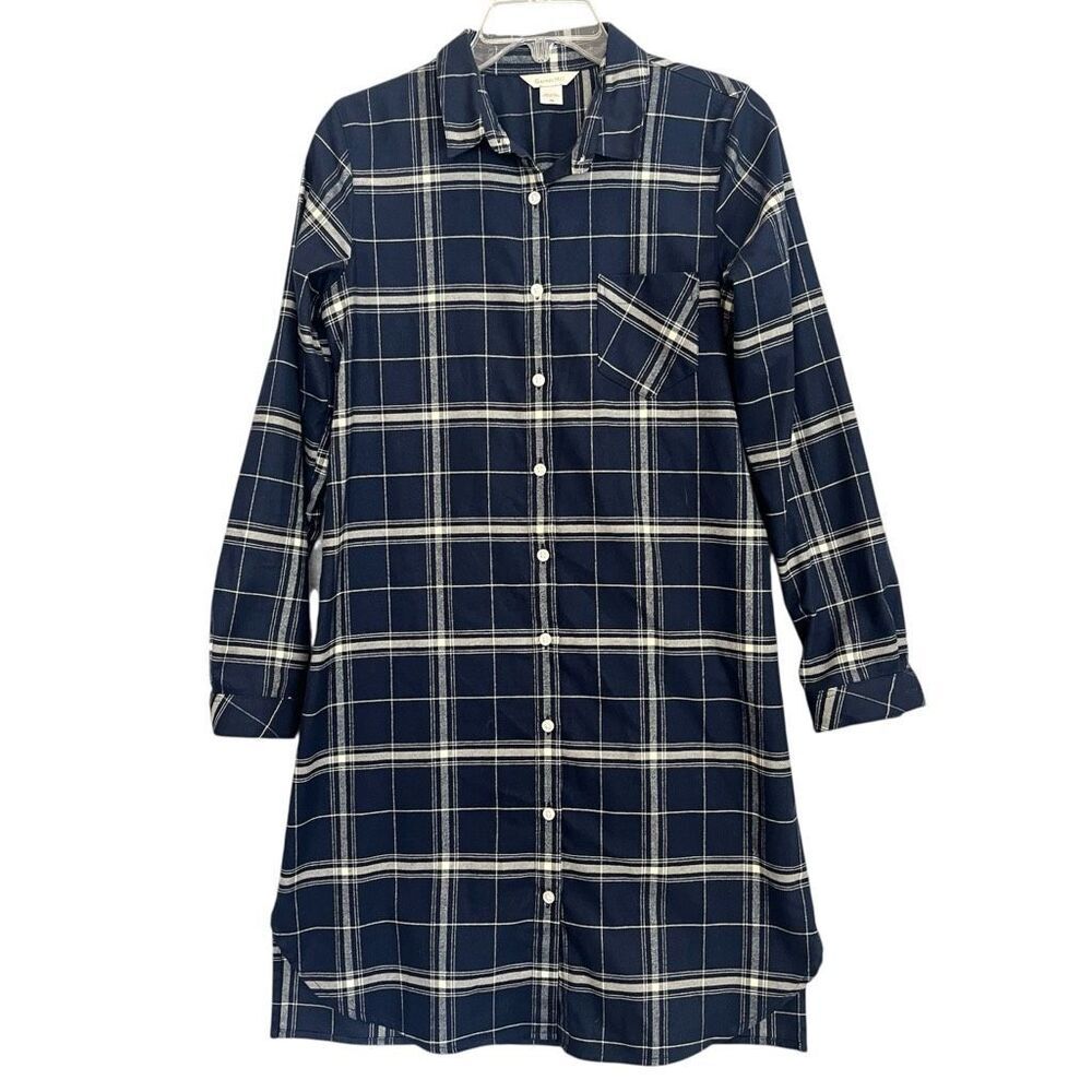 Garnett Hill Cotton Shirt Dress XS Blue Plaid Pocket Collared Preppy Classic